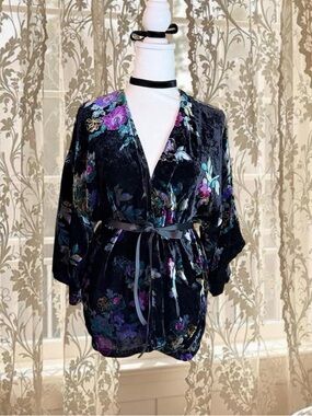 Vintage Y2K Whimsygoth Velvet Cardigan Duster with Black Ribbon Belt